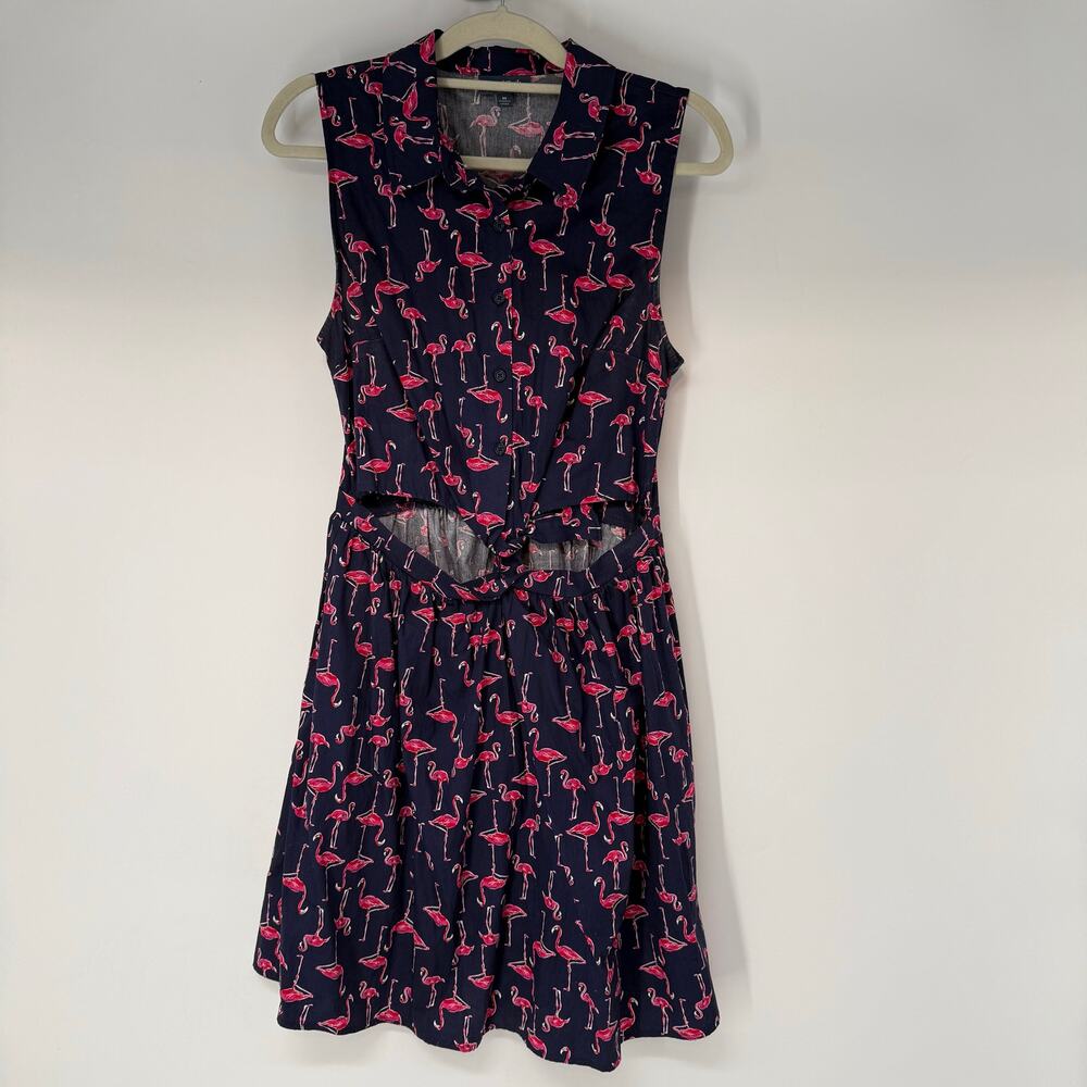 ModCloth Flamingo Print Mini Shirt Dress Women's M Navy Pink Cut Out Front Tie